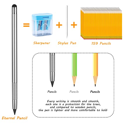 Image of AUAUY 2 In 1 Metal Inkless Stylus Pencil, Infinity & Everlasting, Premium Metal For Touch Screens, With 2 Graphite Nib And 2 Silicone Tip, For Writing & Drawing (2PCS - Black & Silver)