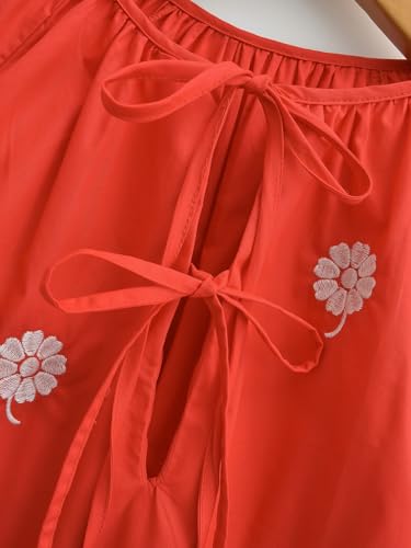 Womens Embroidered Long Sleeve Mini Dress Loose Fit Vintage Embroidery Dress with Double Neckline Self Tie3