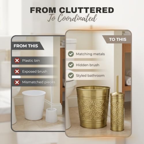 Image of Autumn Alley Toilet Brush and Holder Set with Brushed Brass Bathroom Trash Can - Brass Bathroom Accessories Garbage Can Set for Rustic and Modern Bathroom Decor