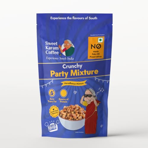 Image of Sweet Karam Coffee Crunchy Party Mixture - 95g | No Palm Oil or Preservatives | Spicy, Traditional Navadhanya Namkeen | Crispy Tea-Time Snack | Perfect for Gifting & Festive Celebrations