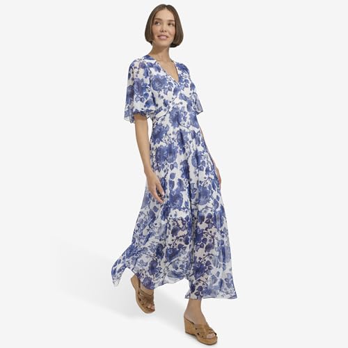 Image of Tommy Hilfiger Women's Elbow Sleeve V-Neck Empire Waist Chiffon Dress