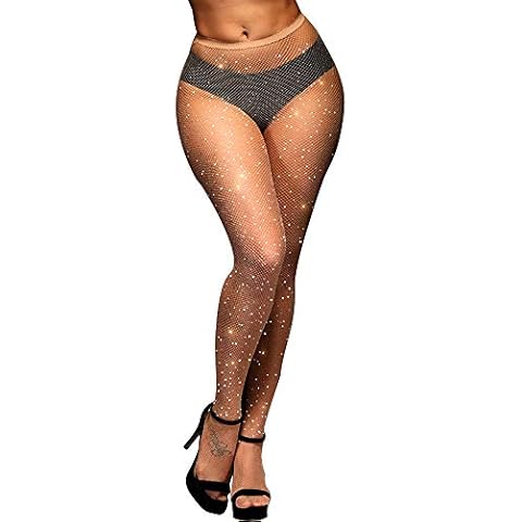 Jusback Rhinestone Fishnet Stockings Sparkle High Waist Tights Pantyhose, Nude-1 Pair, One Size Cover