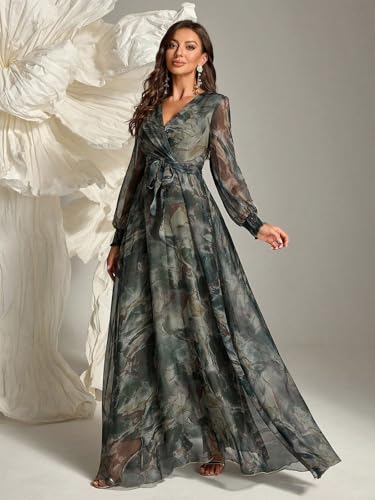 Image of TOLEEN Summer Casual Dresses for Women 2024 Spring Fashion Boho V Neck Long Sleeve Ruffle Floral Print Elegant Maxi Dress