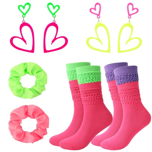 ZhouBoat 80s Neon Accessories for Women Neon Slouch Socks Heart Earrings Scrunchies for 80s 90s Party Halloween (Rose Red, Green, Purple)
