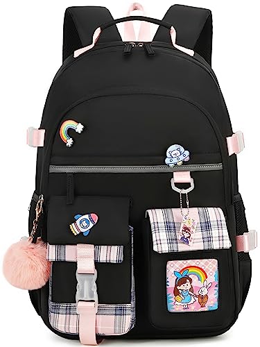 Hey Yoo Cute School Backpack for Girls Backpack for School Bag Kids Backpacks for Girls Kawaii Bookbag for Teen Girl (Black)