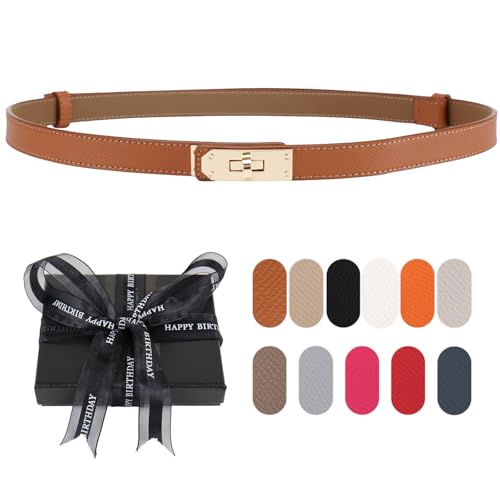 Women's Skinny Belt with Turn-Lock Buckle, Adjustable Women Leather Belt for Dresses, Jeans, Coats