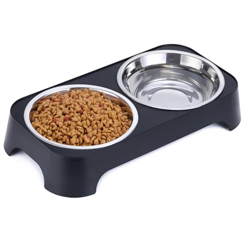 Dog Bowls, Dog Feeder with 2 Stainless Steel Dog Food Bowls, Dog Feeding & Watering Supplies for Small to Medium Sized Dogs and Cats, 3 Inches Tall, Black Dog Bowls, Dog Feeder with 2 Stainless Steel Dog Food Bowls, Dog Feeding & Watering Supplies for Small to Medium Sized Dogs and Cats, 3 Inches Tall, Black