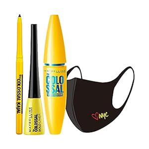 Maybelline New York Girl's Gotta Go Out Eye Makeup Kit - Colossal Waterproof Mascara, Colossal Kajal, Colossal Bold Liner with Free NYC Cotton Mask (Pack of 4 items), 18 gm