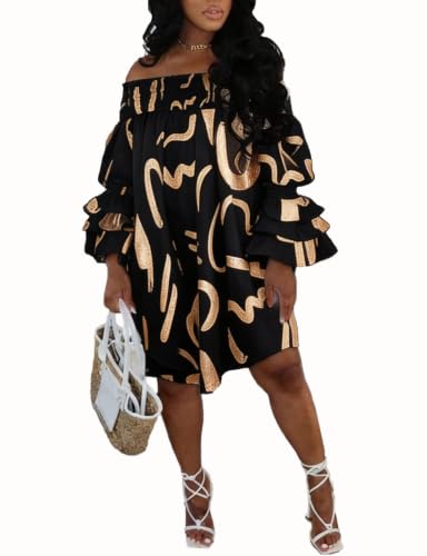 Image of WOKANSE Party Dresses for Women Off Shoulder Layered Flare Sleeve A line Ruched Plus Size Midi Summer Dress