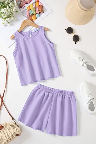 Image of Arshiner Girls Summer 2 Piece Outfit Sleeveless Top and Paperbag Waist Shorts with Pockets Kids Shorts Set Ages 5-13