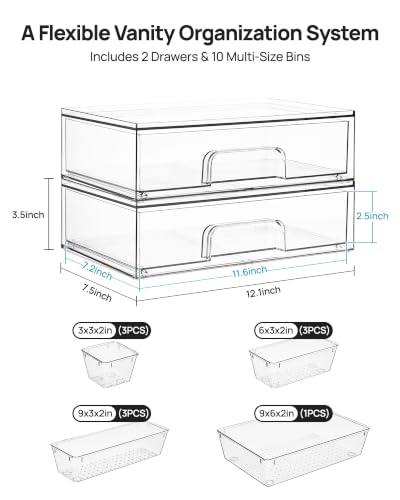 Image of Vtopmart 12-Pack Clear Makeup Organizer Set with Drawer Organizer Bins | 2 Pack Stackable Storage Drawers & 10 Pack Drawer Organizer for Vanity Cosmetic, Bathroom Countertop, Desk