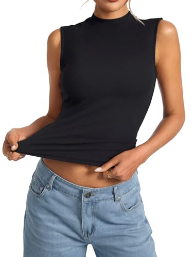 Womens Cotton Ribbed Tank Tops Sleeveless Mock High Neck Top Fitted Basic Summer Cami Shirts Y2K Outfits 20252
