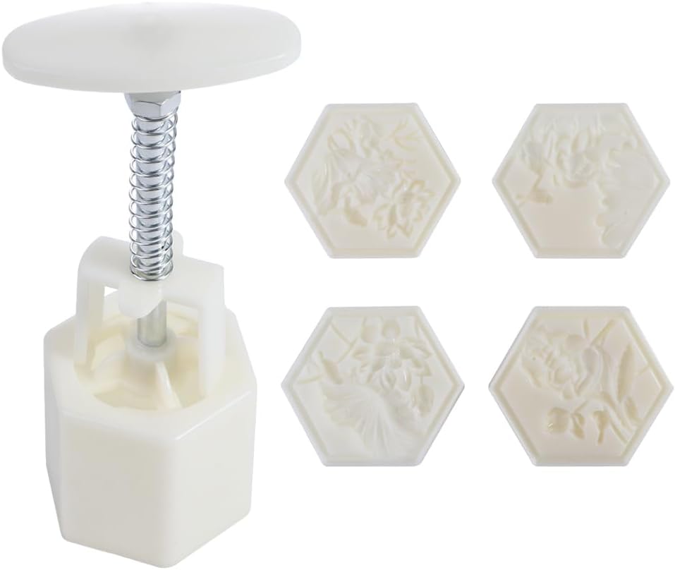 Vctitil Lotus Shaped Mooncake Mould Hand Pressure Hexagon Mooncake Mould Mid-Autumn Festival Cookie Stamps Pastry Decoration Tools,With 4 Stamps,50-65g