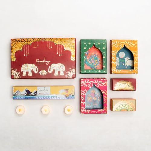 Image of Nirmalaya Airavat Jharokha Gift Set with Incense Sticks, 3 Jharokha Diya Wall Decor, 3 Diya Lights & 2 Havan Cups | Gift Box for Housewarming, Wedding, Anniversary, Diwali & Pooja