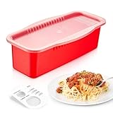 MUXIUNT Olla de pasta para microondas con tapa coladora, olla para pasta en microondas con nivel de agua y dispositivo de medición de porciones de espaguetis, artículos esenciales para dormitorio