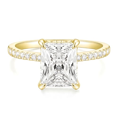 TIGRADE 4CT Engagement Ring for Women Radiant Cut Cubic Zirconia Wedding Band CZ Promise Anniversary Ring Size 3-13, Gold, Size 6.5