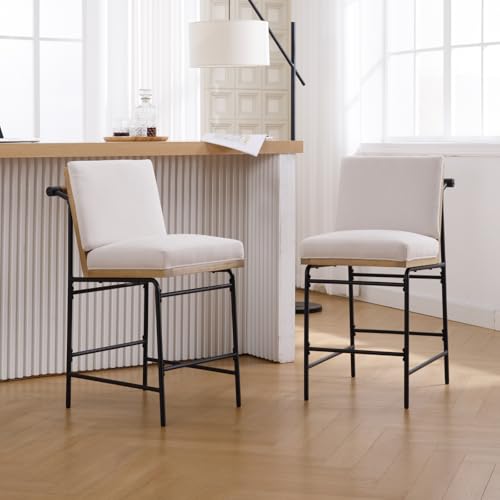 Butacos DUOMAY estilo mid century modern, altura de asiento 26", color beige lino, juego de 2 unidades, con estructura metálica negra y asiento tapizado en lino miniatura 7