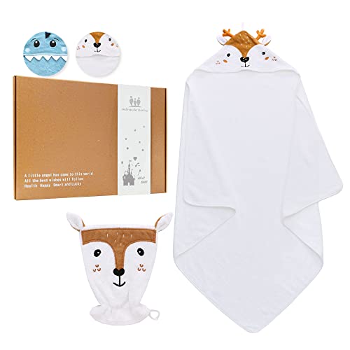 miracle baby Toalla de Baño Bebé 90X90 cm Toalla con Capucha Infantil de Algodón y Bambú Orgánico Albornoz para Niño y Niña, Súper Absorbente y Lavable a Máquina, Cervatillo Blanco