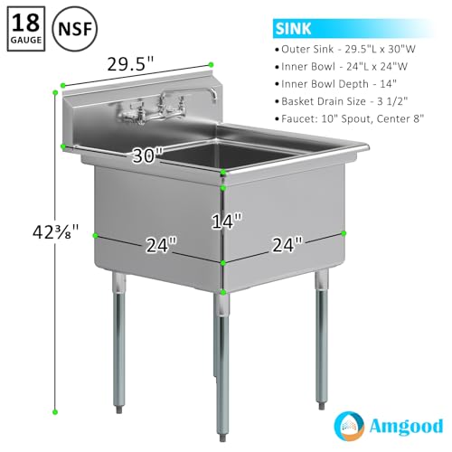 Image of AmGood Stainless Steel Prep & Utility Sink | 304 Stainless Steel | Overall Size: 30 in. x 29.5 in. | Restaurant, Kitchen, Laundry, Garage | NSF (Bowl Size: 24 inch x 24 inch + Faucet)