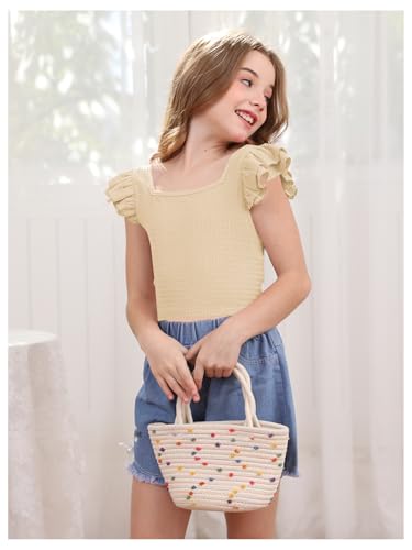 Image of OYOANGLE Girl's Casual Solid Ruffle Trim Cap Sleeve Square Neck Cute Crop Tank Tops T-Shirts
