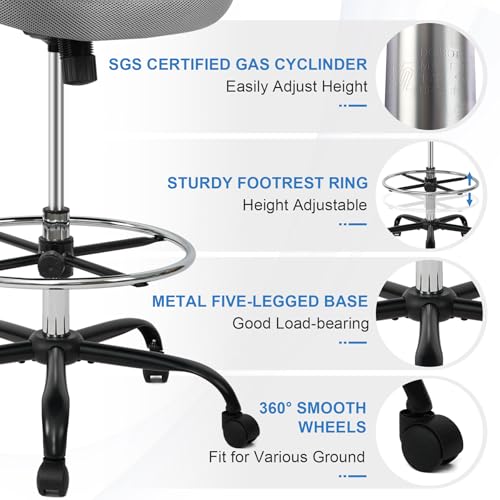 Image of HYLONE Drafting Chair Tall Office Chair with Flip-Up Armrests Ergonomic Computer Chair with Lumbar Support Adjustable Footrest Ring Mesh Standing Desk Chair (Black)