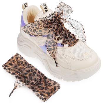 PASOLABE Leopard Print Shoe Laces for Sneakers, 2 Pairs Leopard Ribbon Shoelaces Replacement Cheetah Shoe Laces Leopard Shoelaces for Women (4CM Wide)