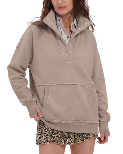 Locachy Women's Casual Oversized Button Henley Neck Sweatshirt Long Sleeve Pullover Tops 2026 Spring Fashion Outfits Clothes Coffee Grey M