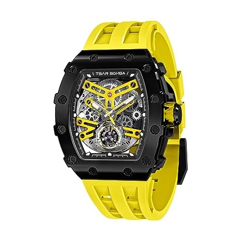 TSAR BOMBA Automatic Tonneau Carbon Fiber Bezel Luxury Mens Watches 50M Waterproof Skeleton Mechanical Stylish Watch for Men Simple Men’s Silver Wrist Watch Cool Unique Watch with Silicone Strap Cover