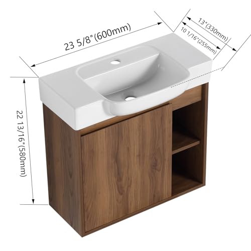 Image of 24 inch Bathroom Vanity with Ceramic Sink, Modern Wall-Mounted Bathroom Vanity with Soft-Close Door & 2 Open Storage Shelves for Home, Farmhouse, Undermount Storage Cabinet, Easy to Clean, Brown