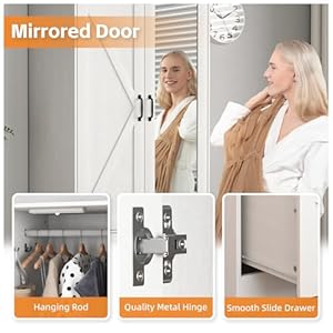 Armoire wardrobe closet with mirror door and 2 drawerfarmhouse bedroom armoire cabinet with hanging rod and lightwooden wardrobe cabinet closet with adjustable shelf for bedroom  urban country home decor