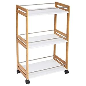 Secret de gourmet Meuble rangement chariot desserte en BAMBOU sur roulettes avec 3 tablettes en bois MDF BLANC