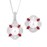 HYJYGM 14mm white pearl ruby emerald pendant necklace ring for women wedding engagement jewelry sets gift