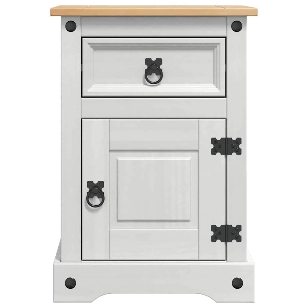 Comodino Corona, bianco, in legno di pino massiccio, 45 x 35 x 64 cm, con cassetto e vano portaoggetti, tavolino versatile per camera da letto, soggiorno, corridoio e camera degli ospiti