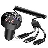 Car Charger [Upgraded Version] with 3 connectors QC3.0 Quick Charging Vehicle Adapter 34W/6.8A Built-in 4.9ft Coil Cable,LED Voltage Display,for iPhone/Type-C/Android Samsung LG Pixel，More