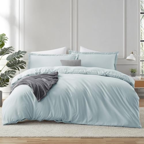 Image of Hearth & Harbor Light Blue Duvet Cover with Fitted Sheet Full Size | 4 Piece Soft Double Brushed Bedding Set, Button Closure, 1 Duvet Cover 80x90 Inches, 1 Fitted Sheet, 2 Pillow Shams