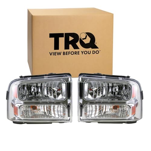 Image of TRQ Driver and Passenger Side Headlight Assembly Set Chrome Housing Compatible with 05 Ford Excursion 04-07 Ford F-250 Super Duty XL 04-07 Ford F-350 Super Duty XL