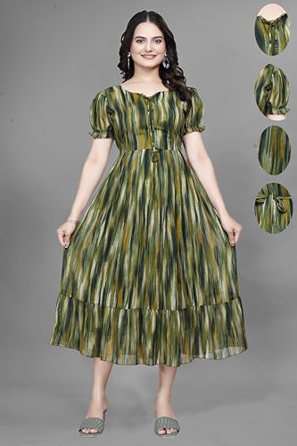 Image of Women Gown with Abstract Print | Georgette One Piece Dress with Puff Sleeves | Round Neck Tiered Midi Frock for Women | Ladies Western Maxi Dress