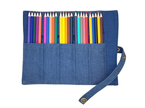 Image of Funny live Pure Color Pen Pencil Wrap Pencils Roll Holder,Simple Retro Style Pen Pouch Bag Coloring Pencils Organizer Holder Colored Pen Paint Brush Storage Pouch (Blue)