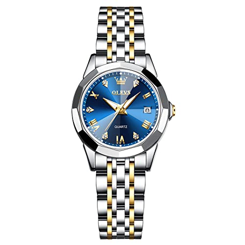 Two Tone Women Watches Slim Wrist Blue Stainless Steel Watch for Lady Small Face Classy Three-Hand Waterproof Luminous Womens Dress Watch Calendar Roman Numerals Women's Bracelet Watch Reloj De Mujer