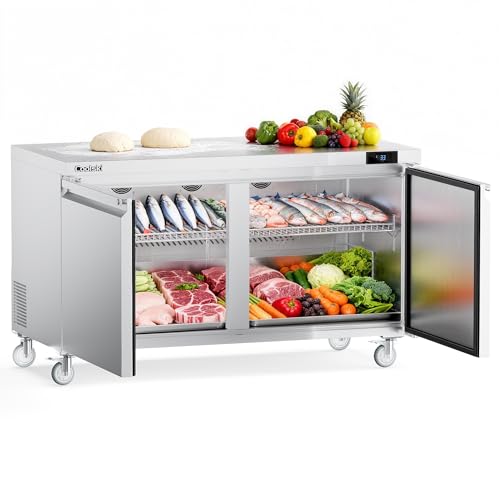 Image of Coolski Commercial Worktop Undercounter Refrigerator, 60 inch W Double Door Commercial Under Counter Fridge, 17.6 Cu.ft. Stainless Steel Fan Cooling Refrigerator for Restaurant, Bar, Shop, Kitchen Use