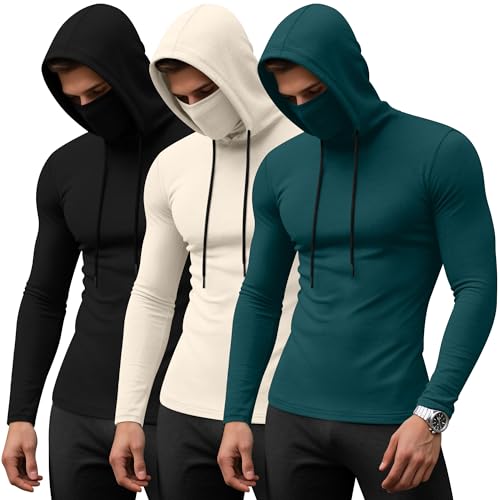 3 Pack Men's Sports Hoodies with Mask Compression Long Sleeve Thermal Shirts Base Layer Tees Running Pullover