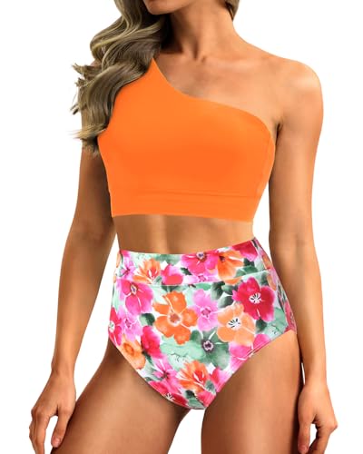 Image of Holipick Women One Shoulder High Waisted Bikini Sets Two Piece Swimsuit Tummy Control Bathing Suit Full Coverage Swimwear