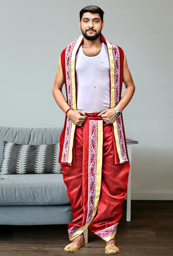 Image of Men's Ethnic | Traditional Ready to wear (Pant System) Readymade Panchakacham Dhoti With Angavastram(Towel) Set, Tassar Silk, Free Size (GC002)