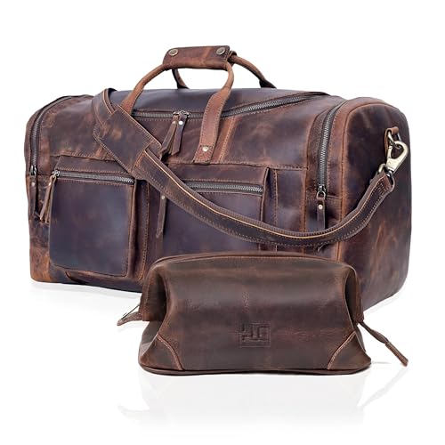 Vintage Leather Travel Duffel Bag with Toiletry Dopp Kit and Laundry Bag, Weekender Overnight bag Luggage Carry-On Bag Leather Gym Overnight Luggage Bag for Men or Women Brown2