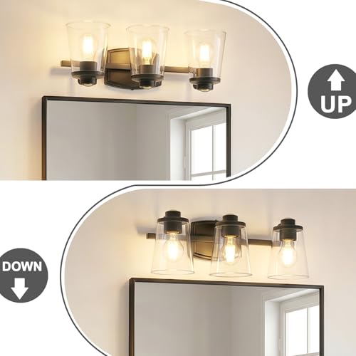 Image of 3-Light Bathroom Vanity Light Fixtures, 18 Inch Black Vanity Light | Thick Clear Glass, Bathroom Wall Lamp for Mirror, Rust-Proof, Reversible Up /Down Mount, ETL Certified, E26 Ceramic Sockets
