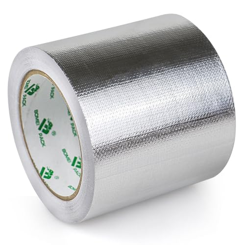 BOMEI PACK 100mmx20m Cinta adhesiva de aluminio reforzada aislante térmico - Rollo de aluminio adhesivo de alta temperatura de reparación - Cinta de Aluminio para Sellar Sistemas