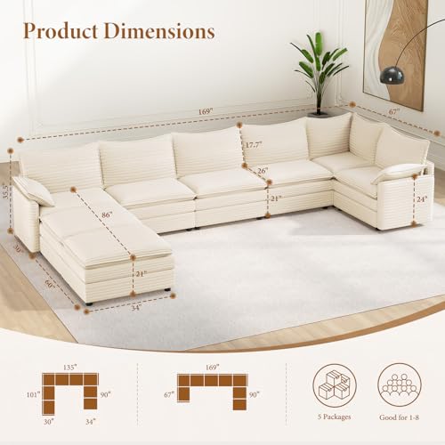 Image of Vesgantti Large Modular Sectional Sofa, Big Comfy Cloud Couch with Ottoman Deep Seat Corduroy Cloud Sofa, 8 Seater Large Sectional Couches for Living Room, Bedroom and Apartment, Beige