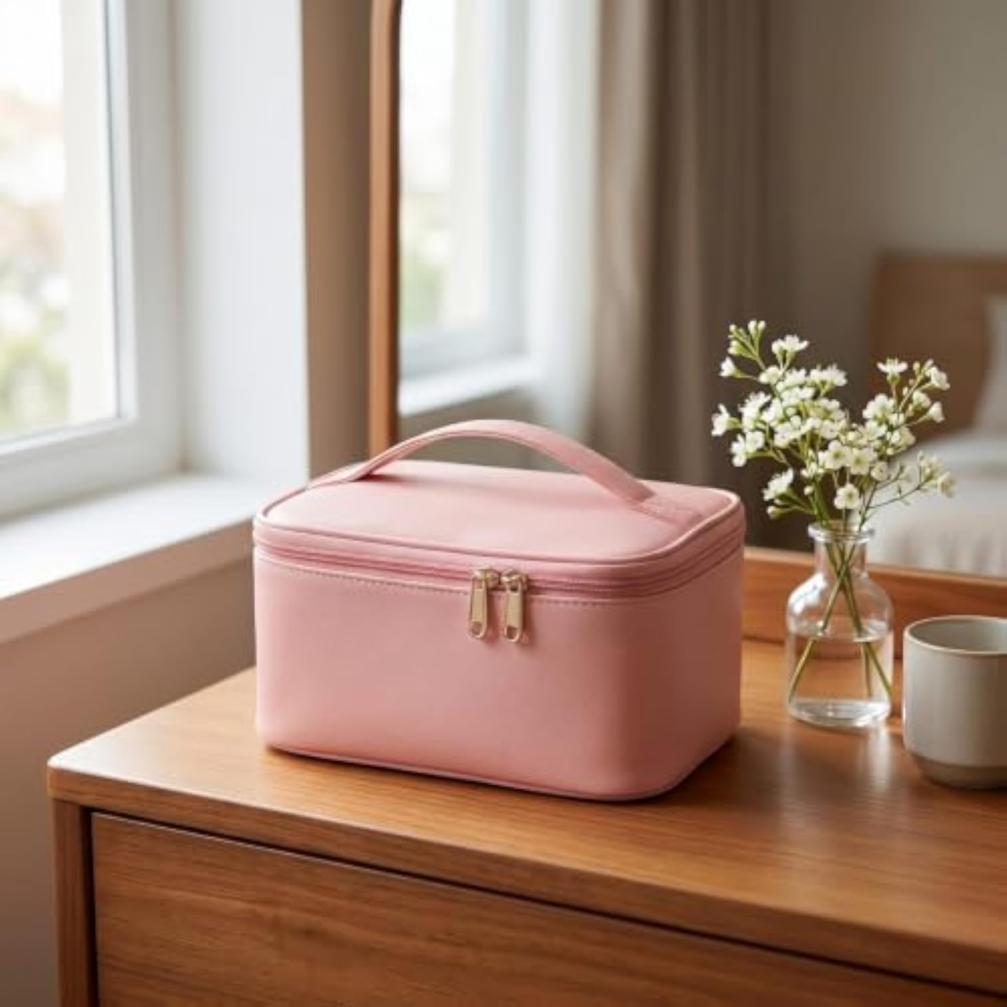 Waterproof Makeup Bag with Brush Slots, Portable Cosmetic Case