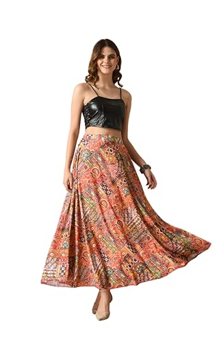 Image of VAGISHA Women's 4-Metre Flared Long Skirt | Skirts for Women Long Length | Long Skirts for Girls | Ethnic & Boho Printed Wear with Elastic Waist | Perfect for Party, Festive & Casual Look