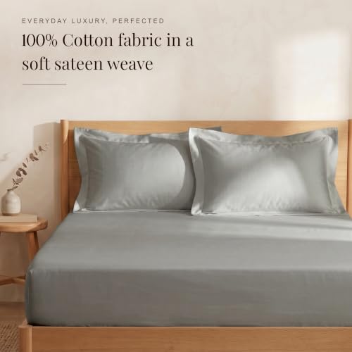Image of Huesland 300 TC Premium 100% Pure Cotton Luxe Soft Touch Fitted Single Size Bedsheet Cotton with 2 Pillow Covers | Steel Grey | 36 x 78 Inches